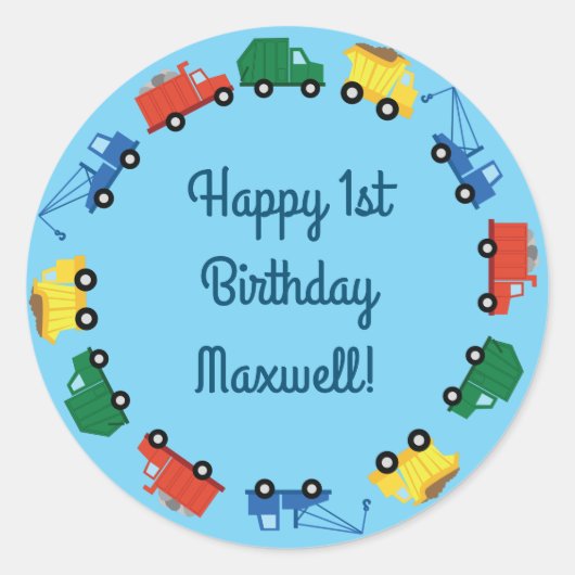 トラック車かわいい1st誕生日パーティーテーマ ラウンドシール (正面)
