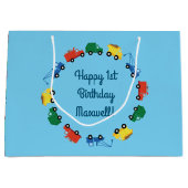 トラック車かわいい1st誕生日パーティーテーマ ラージペーパーバッグ (正面)