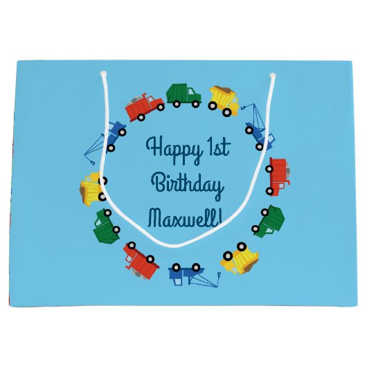 トラック車かわいい1st誕生日パーティーテーマ ラージペーパーバッグ (正面)
