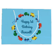 トラック車かわいい1st誕生日パーティーテーマ ラージペーパーバッグ (裏面)