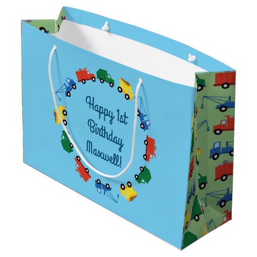 トラック車かわいい1st誕生日パーティーテーマ ラージペーパーバッグ (裏面アングル)