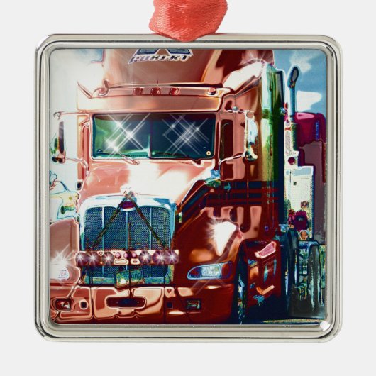 トラック運転手とトラック愛好家のための大きな赤の重いトラック メタルオーナメント (正面)