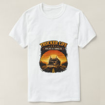 トラック運転手の人生 走行距離と笑顔 レトロな夕焼けTシャツ