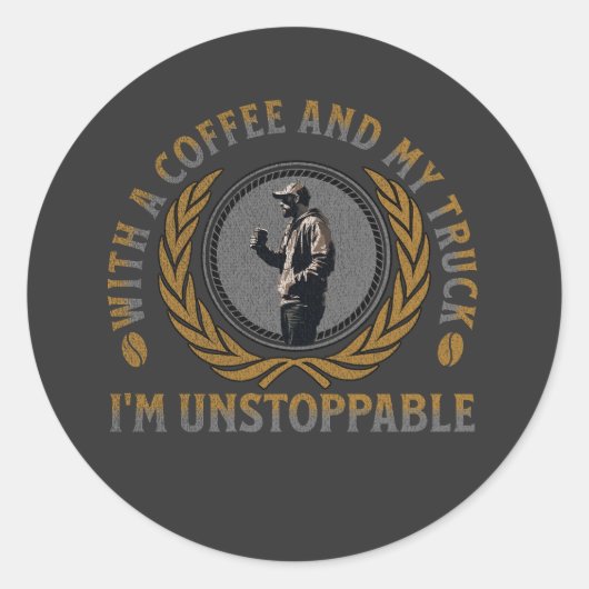 トラック運転手コーヒーカップ強いロードパワー男性 ラウンドシール (正面)