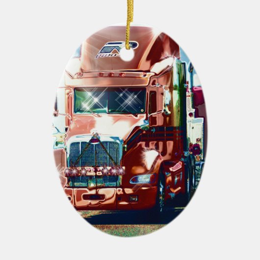 トラック運転手及びトラック恋人のための大きく赤い大型トラック セラミックオーナメント (正面)
