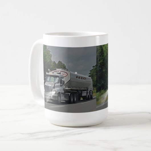 トラック運転手及び子供のための灰色の牛供給の水槽のトラック コーヒーマグカップ (正面左)