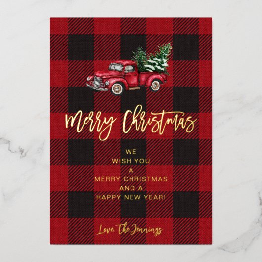 トラック&バッファローチェックのメリークリスマス 箔招待状 (正面)