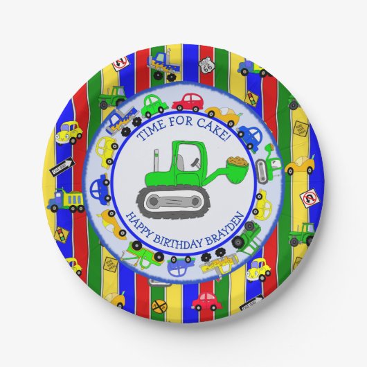 トラック、車、トラクターと交通シンボルや象徴誕生日 ペーパープレート (正面)