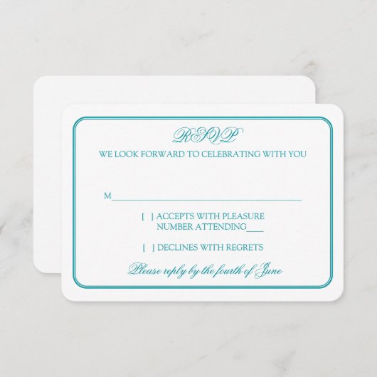 トラディショナルなターコイズとホワイトのウェディング 出欠返信 出欠カード (正面/裏面)