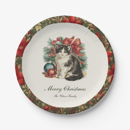 トラディショナルなヴィンテージ 猫 クリスマス ペーパープレート (正面)