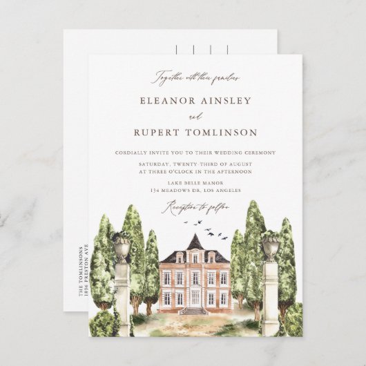 トラディショナル ウォーターカラー イングリッシュ マナー ウェディング インビテーションポストカード (正面/裏面)