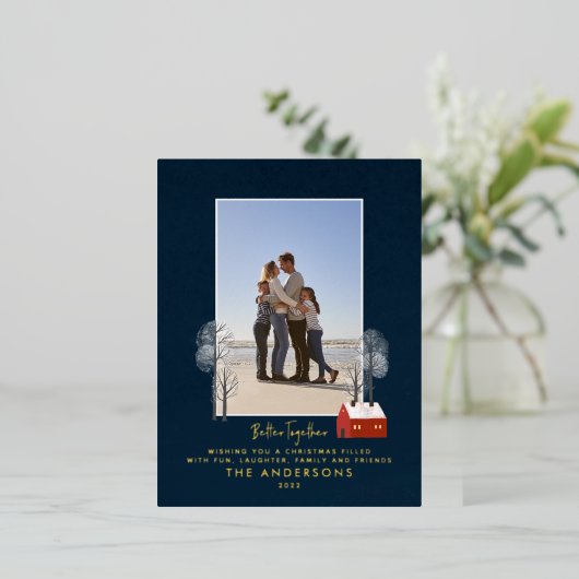 トラディショナル フォト エレガント ラスティック ウィンター スノー シック 箔シーズンポストカード (立ち正面)