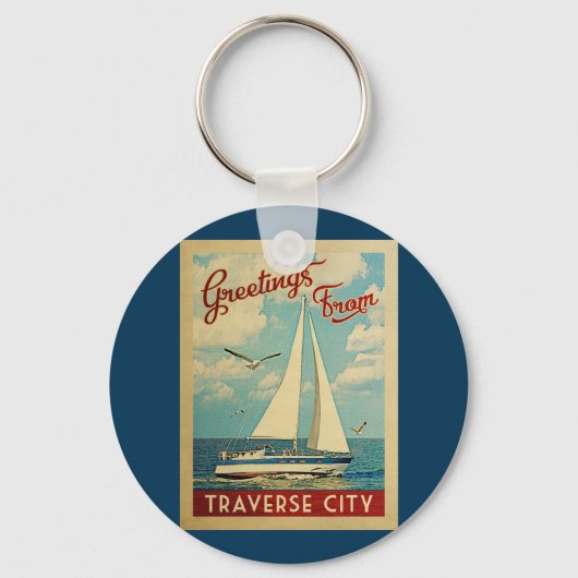 トラバースシティセイボートヴィンテージトラベルミシガン キーホルダー (正面)