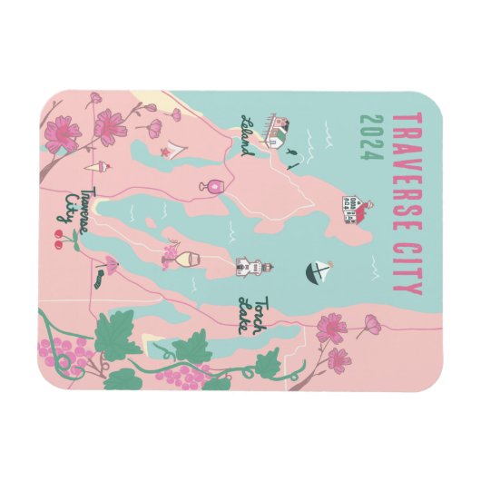トラバースシティミシガンワインとさくらんぼマップ マグネット (横)