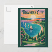 トラバースシティ ミシガン湖 イラスト 旅行 ポストカード (正面/裏面)