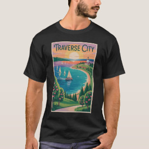 トラバースシティ ミシガン湖 イラスト 旅行 Tシャツ
