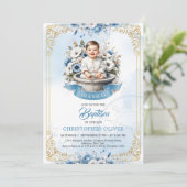 トラフ青い花の可愛い小さな男の子金ゴールド枠 招待状 (スタンド正面)