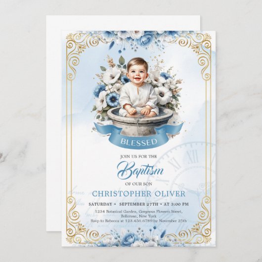 トラフ青い花の可愛い小さな男の子金ゴールド枠 招待状 (正面/裏面)