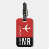 トラベモダンラー名とイニシャル赤スタイリッシュ ラゲッジタグ (正面縦)