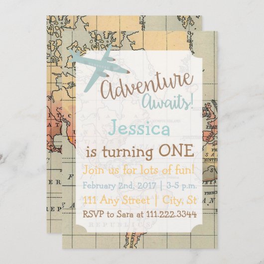 トラベルをテーマにした誕生日招待状 招待状 (正面/裏面)