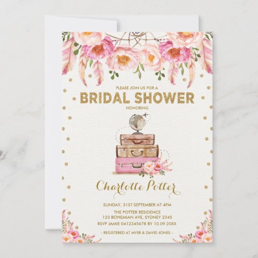 トラベルアドベンチャーブライダルシャワーピンクフローラ招待状 招待状 (正面)