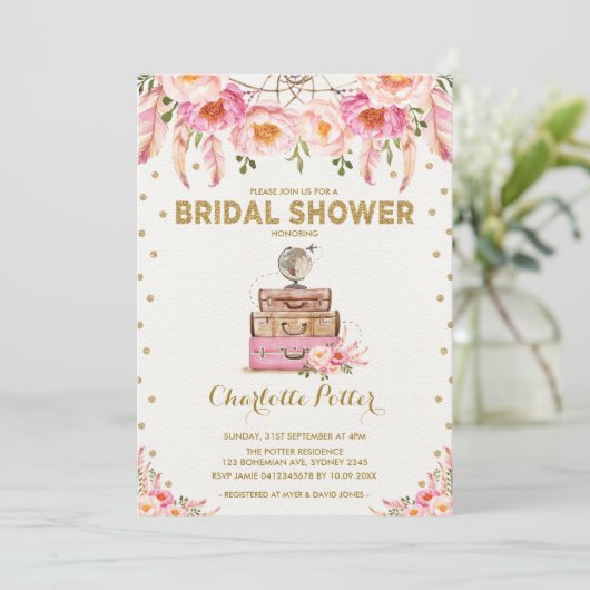 トラベルアドベンチャーブライダルシャワーピンクフローラ招待状 招待状 (スタンド正面)