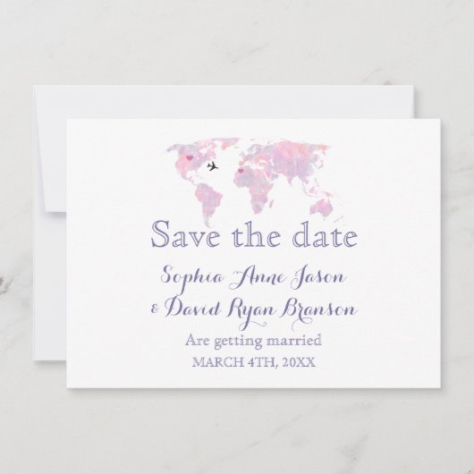 トラベルウェディング　水彩世界地図　Save the Date 招待状 (正面)
