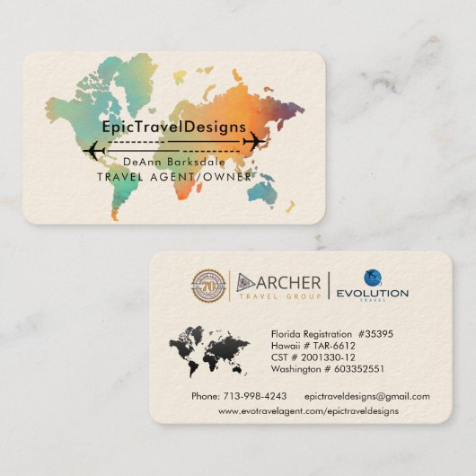 トラベルエージェントワールドマップバケーションウォーターティール(緑がかった色)ビーチ 名刺 (正面/裏面)