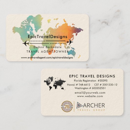 トラベルエージェントワールドマップバケーションウォーターティール（緑がかった色）ビーチ 名刺 (正面/裏面)