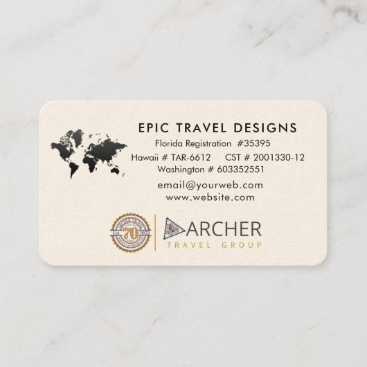 トラベルエージェントワールドマップバケーションウォーターティール（緑がかった色）ビーチ 名刺 (裏面)