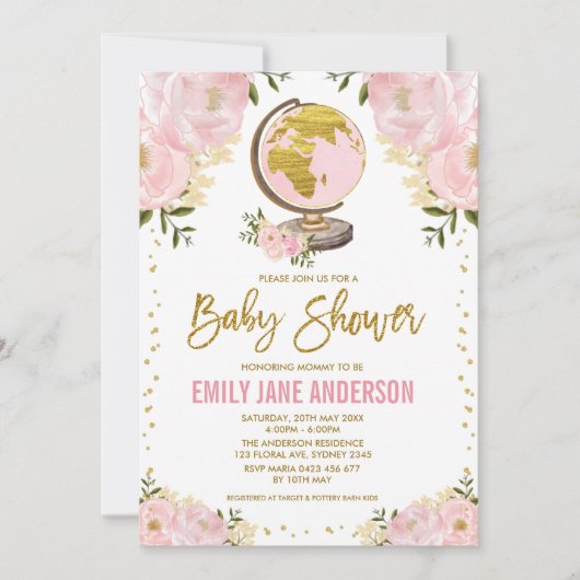 トラベルガールベビーシャワーピンク金ゴールドフローラ冒険 招待状 (正面)