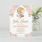 トラベルガールベビーシャワーピンク金ゴールドフローラ冒険 招待状 (スタンド正面)