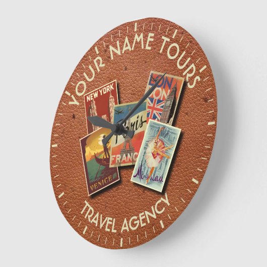 トラベルツアーエージェンシーヴィンテージはがき名前をカスタムする ラージ壁時計 (傾斜)
