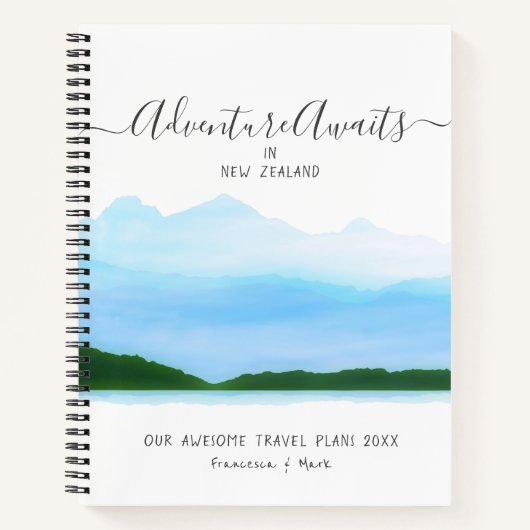 トラベルハネムーンカップルプランズブルーウォーターカラーネーム ノートブック (正面)