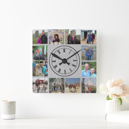 トラベルフォトコラージュの灰色の背景 スクエア壁時計 (ホーム)