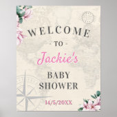 トラベルワールドマップピンクフローラベビーシャワーへようこそ ポスター (正面)