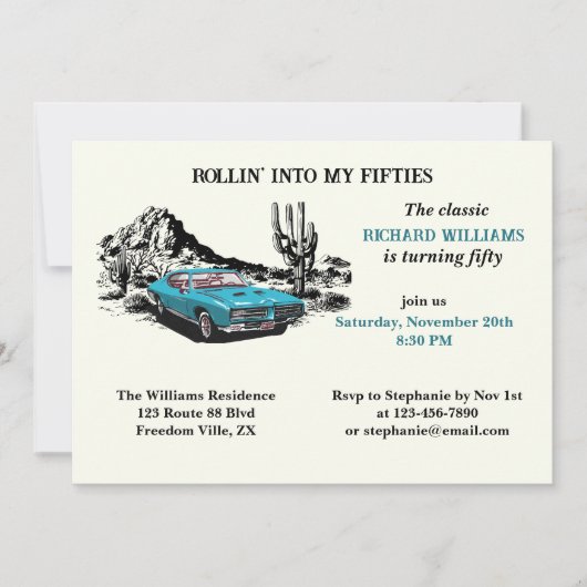 トラベルヴィンテージカー砂漠50th誕生日パーティー 招待状 (正面)