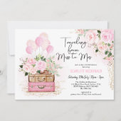 トラベル ブライズシャワー ヴィンテージ スーツケース ピンク フラワー 招待状 (正面)