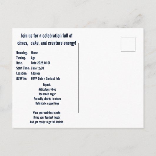 トラレロトララカスタマイズ可能誕生日 案内ポストカード (裏面)