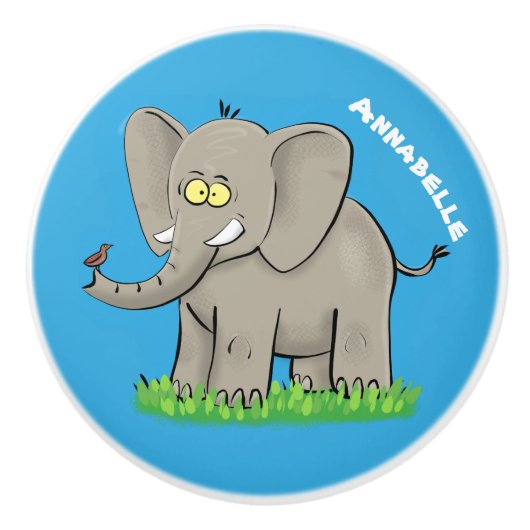 トランクおもしろいマンガに鳥を乗せた可愛い象 セラミックノブ (正面)