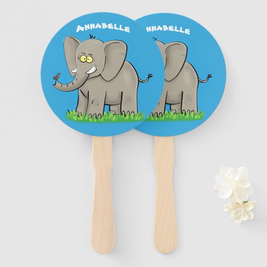 トランクおもしろいマンガに鳥を乗せた可愛い象 ハンドファン (正面&裏面)