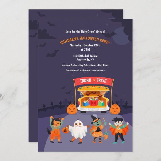 トランクまたはトリートキッズハローウィンパーティ 招待状 (正面/裏面)