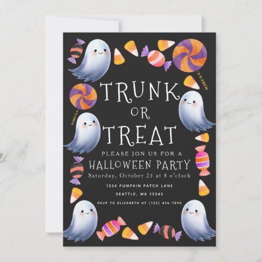 トランクまたは治療かわいい幽霊キャンディハローウィンパーティ 招待状 (正面)
