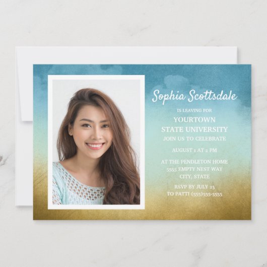 トランクパーティードームシャワースカイブルー金ゴールドフォトガール 招待状 (正面)