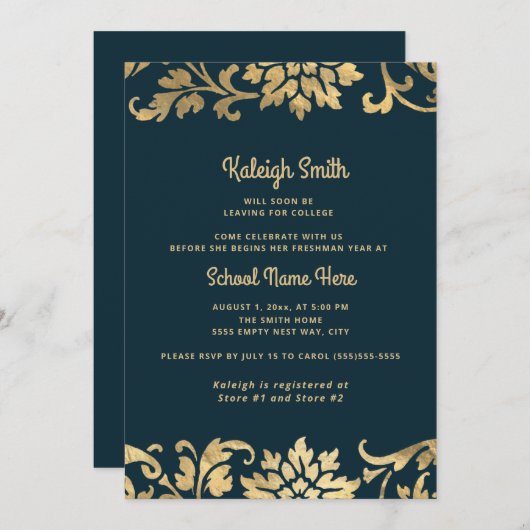 トランクパーティーネイビーブルーヴィンテージ金ゴールド卒業 招待状 (正面/裏面)