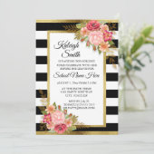 トランクパーティー招待状ストライプの白黒ピンクフローラ 招待状 (スタンド正面)