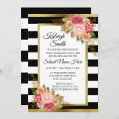 トランクパーティー招待状ストライプの白黒ピンクフローラ 招待状 (正面/裏面)