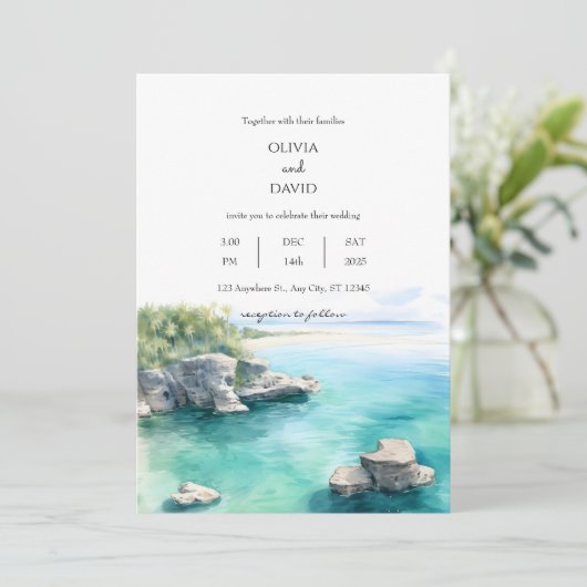 トランクルシーサイドコーストティール(緑がかった色)ウォーターラグーン結婚ズ 招待状 (スタンド正面)