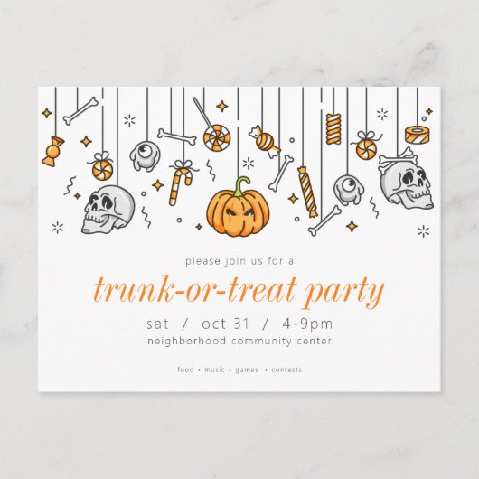トランク・オア・トリートパーティー 現代のハロウィン招待状 ポストカード (正面)