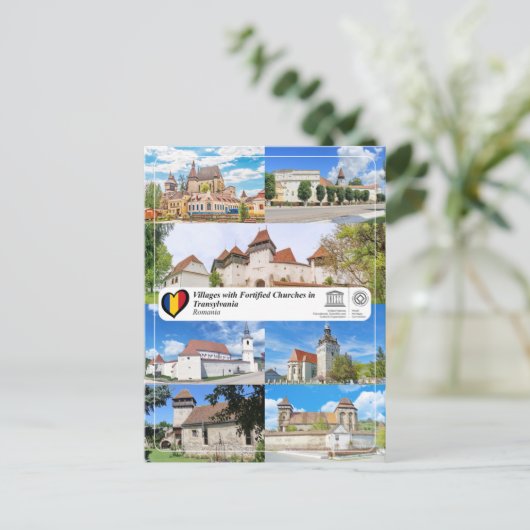 トランシルヴァニアPの強化された教会のある村 ポストカード (スタンド正面)